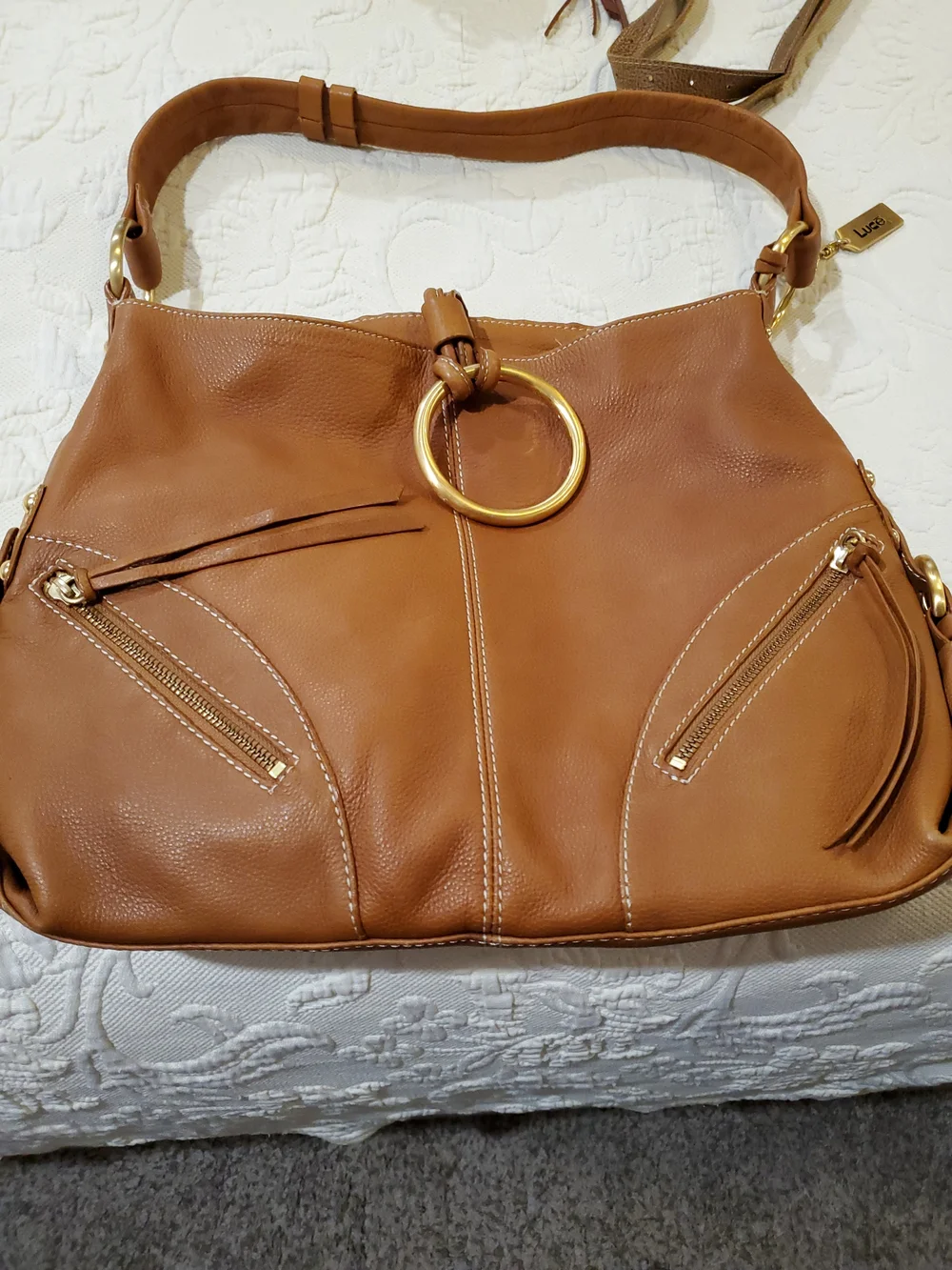 Luce' Leather Shoulder Bag with Gold Ring Accent - Tan